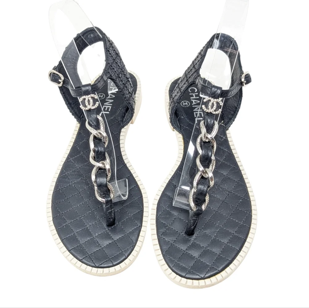 Chanel Black T-Strap CC Silver Chain Quilted Sandals Size EU 39